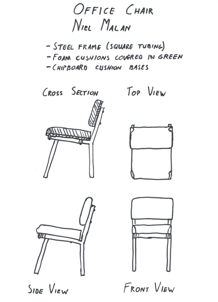 Orthogonal Drawing of an office chair, with a cross section through the vertical front-to-back plane.